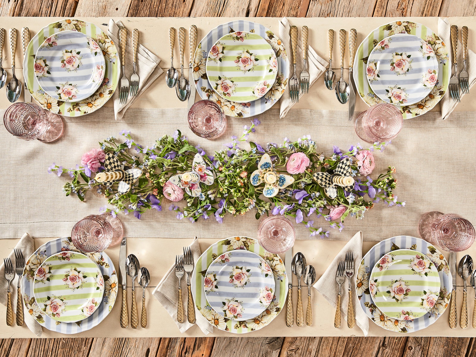 A soft pastel design for MacKenzieChilds new Wildflower collection uses a playful butterfly centerpiece framed by...